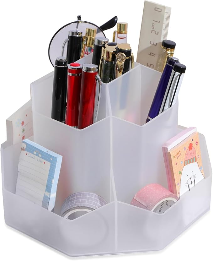 INSTOME Desktop Organizer with Pencil Holders,360°Rotating Pen Holder for Desk Organizer,9 Compartments and Makeup Brush Holders,Multifunctional Office Supplies for Home,Teachers and School (Clear)
