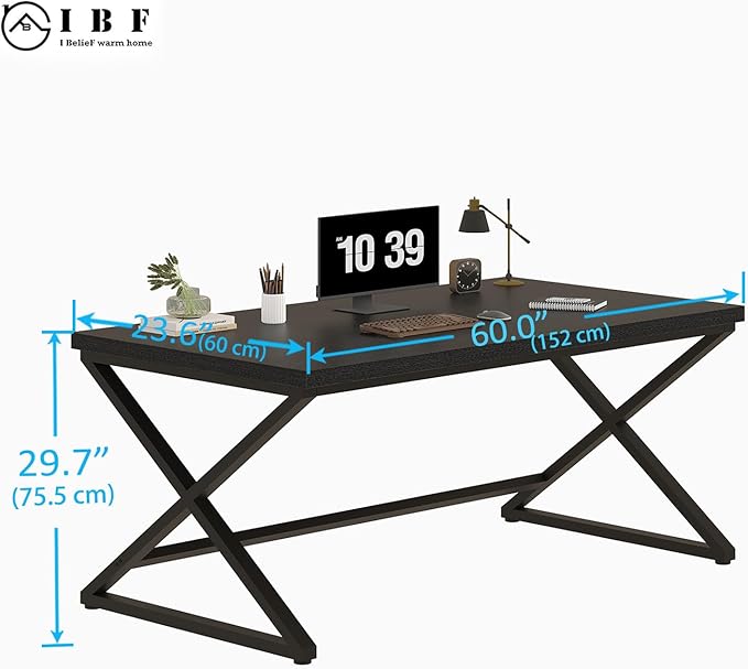IBF Black Desk, Modern Computer Desk for Writing Study, Industrial Simple Home Office Work Desk in Bedroom, Wood Metal Pc Gaming Laptop Workstation Executive Computer Table, Black Oak, 60 Inch