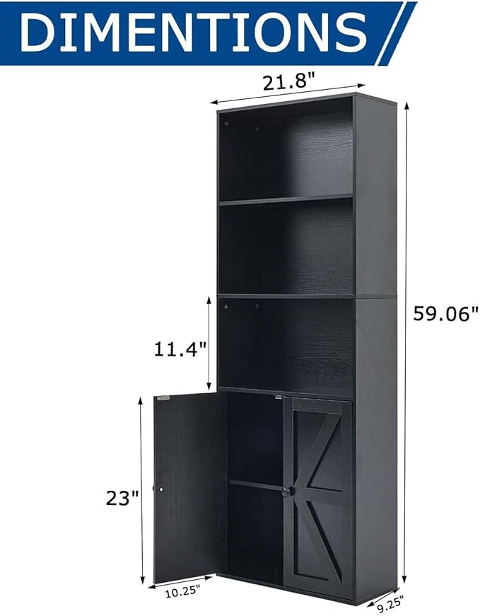 Black 5-Tier Bookshelves for Living Room, Farmhouse Tall Bookcase with Doors, Wooden Bookshelf with Storage Cabinet and Shelves for Living Room, Home Office (2PCS)