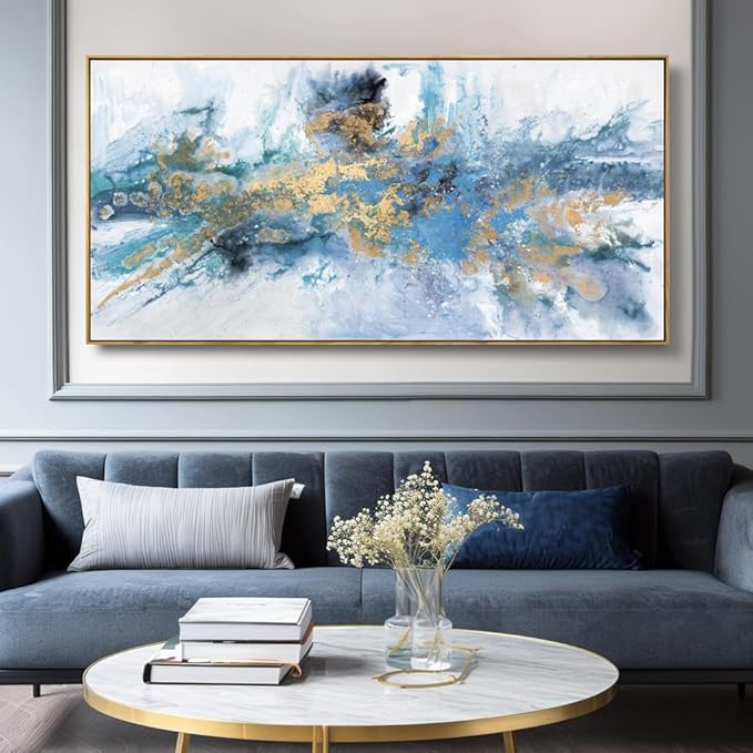 Abstract Navy Blue Canvas Wall Art 40x20in - Framed Artwork for Living Room Bedroom - Modern Colorful Fantasy Painting Ready to Hang Home Decor