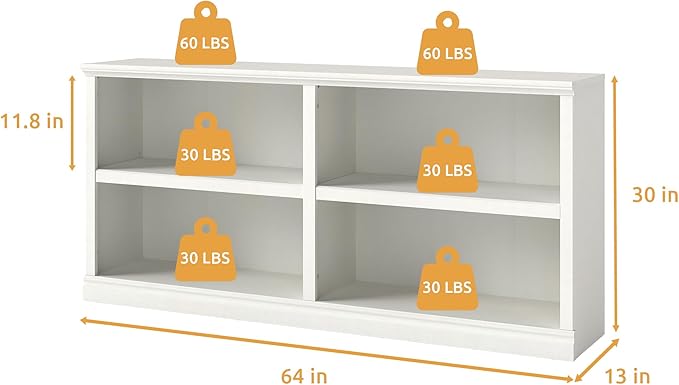 Double Wide Open Shelf Bookcase - 2 Tiers 4 Storage Cube Adjustable Space Book Case, Display Cabinet Organizer with Bookshelf, 64.8 inch Width Indoor Furniture for Home Library Office, White