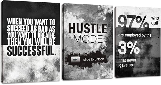Motivational Office Wall Decor, Inspirational Canvas Wall Art, 3 Pieces Hustle Posters Prints Entrepreneur Success Quote Wall Decor for Lobby Meeting Room Hallway Living Room(60”Wx28”H)