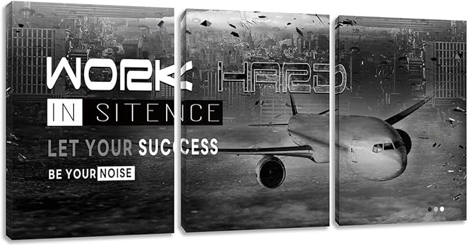 Motivational Framed Canvas Wall Art Success Quote Office Wall Art Black Positive Poster Set of 3 Prints Plane Inspirational Print Entrepreneur Workplace Workout Room Decor(48" Wx24 H)