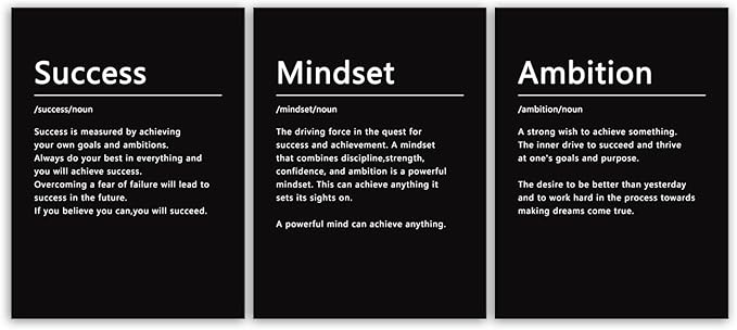 Inspirational Success Wall Art Mindset Ambition Noun Poster 3 Pieces Canvas Office Decor Inspiring Framed Prints Motivational Quotes Wall Art Decor Living Room Gym Ready to Hang[36''Wx 16''H]