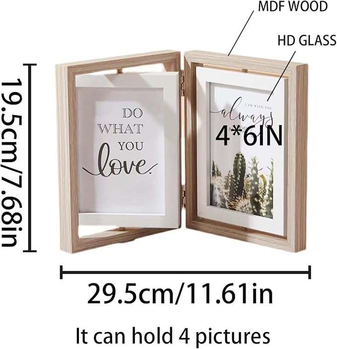 Wooden Hinged Double floating rotating Picture Frame for Photos, 4 * 6 5 * 7 vertical photo Natural Finish (wood color, 4 * 6in)