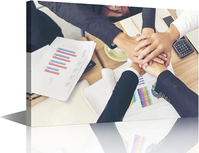 1 Panel Canvas Wall Art Hands Stack of Teamwork Holding Hands Together Over Conference Table Modern Decor Poster Canvas Print Frame Ready To Hang (12"Wx18"H)