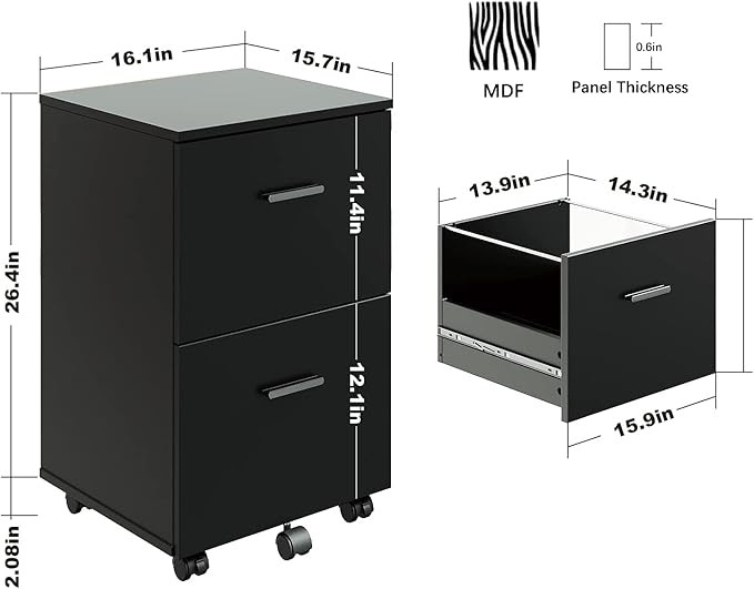 Panana 2 Drawer Mobile File Cabinet, Wood Rolling Filing Cabinet Printer Stand Under Desk Storage Organizer Fits Letter Size File Folders for Home Office (Black)