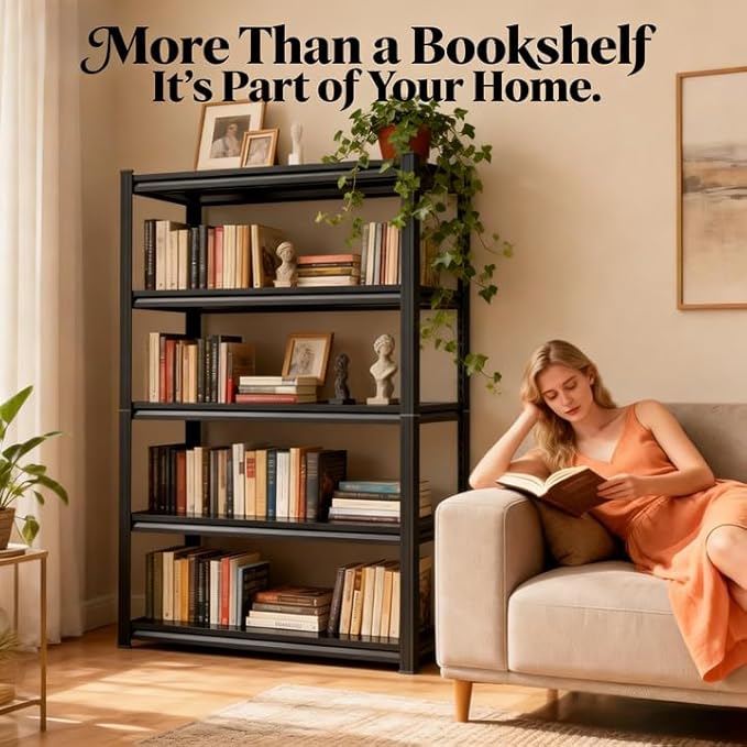 6-Tier Metal Bookshelf, Modern Black Book Shelf, 1800LBS Industrial Tall Display Bookcase, Adjustable Bolt-Free Storage Shelves for Living Room, Bedroom, Kitchen, 36" W x16 D x78 H