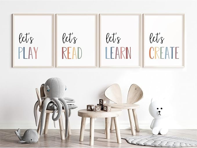 Youillne Playroom Kids Wall Art Decor Read Play Sign Classroom Children Wall Art Nursery Canvas Pictures Baby Girl Reading Posters Kids Artwork for 8x10 Inches Unframed Set of 4