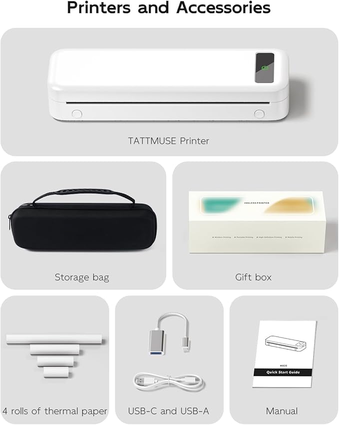Portable Printers Wireless for Travel, A285M Bluetooth Inkless Thermal Printer, Support 8.5" X 11" US Letter & A4, Small Mobile Printer with Carry Case and 4 Rolls Thermal Paper, for Home Car Receipt
