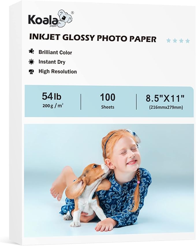 Koala Glossy Inkjet Photo Paper Thick 8.5X11 Inches 100 Sheets 54lb Picture Paper for Inkjet Printer Use DYE INK for Family Photos Letter Size 200gsm