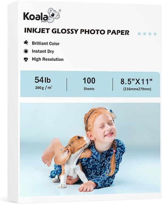 Koala Glossy Inkjet Photo Paper Thick 8.5X11 Inches 100 Sheets 54lb Picture Paper for Inkjet Printer Use DYE INK for Family Photos Letter Size 200gsm