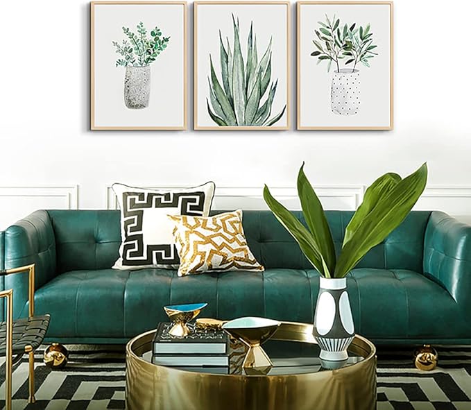Natural Wood Framed Wall Art Painting For Dining Room Family Wall Decor For Bedroom Kitchen Wall Decoration Living Room Decor Green Leaf Pictures Artwork For Home Walls 3 Piece Framed Art Prints