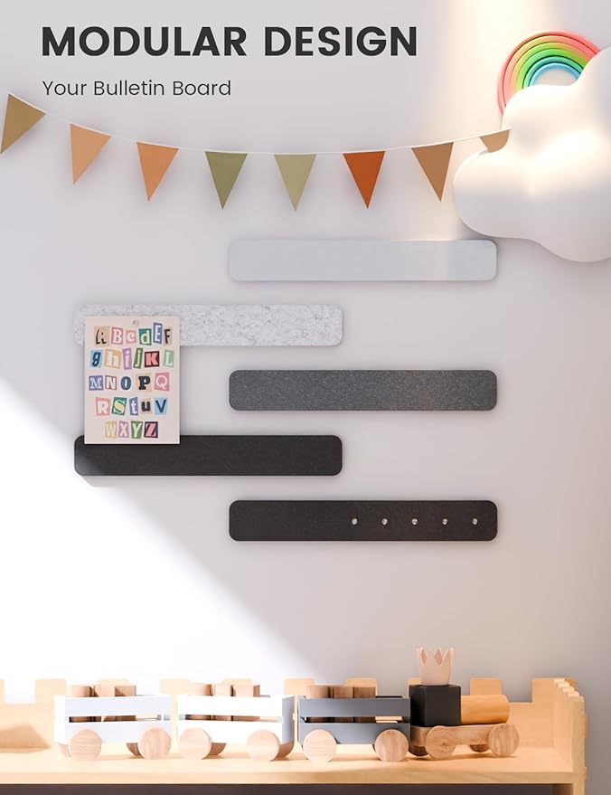 Fluxynara Cork Board Alternative Felt Strip Board 5-Pack 13"x2", Office Pin Board with 35 Push Pins, Adhesive Install for Bedroom Door & Home Office(Concrete Echo)