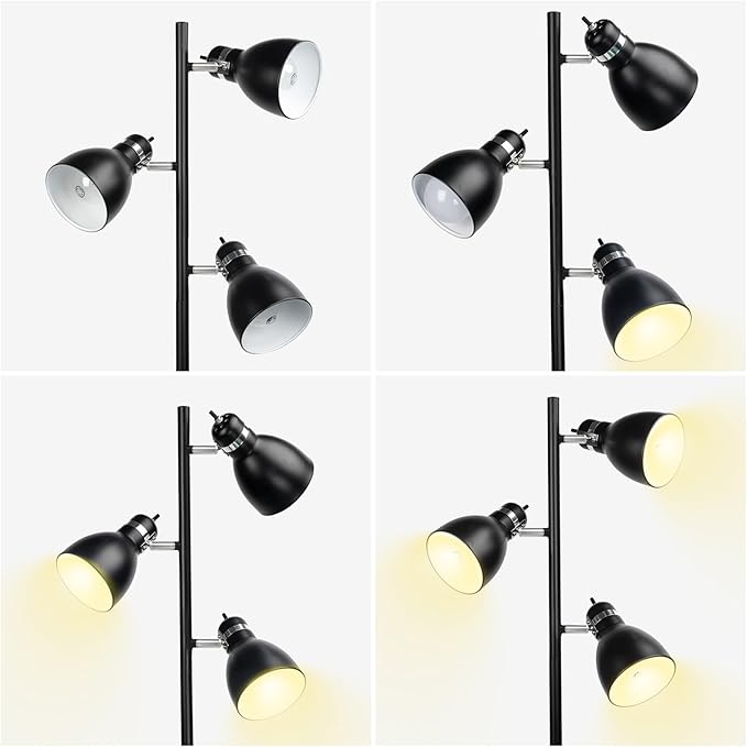 FIRVRE Modern Tree Floor Lamp for Living Room,Industrial 3-Light Standing Lamp, Black Adjustable Rotation Heads, Standing Tall Pole Lamp Farmhouse Rustic Reading Lamps for Bedroom Office