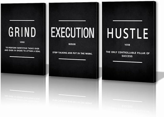 Grind Hustle Execution Wall Art Motivational Wall Decor Motivational Quotes Pictures Posters 3 Pieces Framed Canvas Wall Art Prints Goal Artwork Home Office Wall Decor Ready to Hang