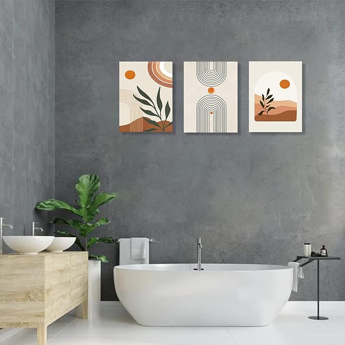 Boho Wall Art Set of 3, MidCentury Modern Wall Prints Framed Canvas Paintings Minimalist Abstract Geometric Beige Orange Moon Plant Desert Nature Illustrations Artwork, Boho Wall Decor Ready To Hang