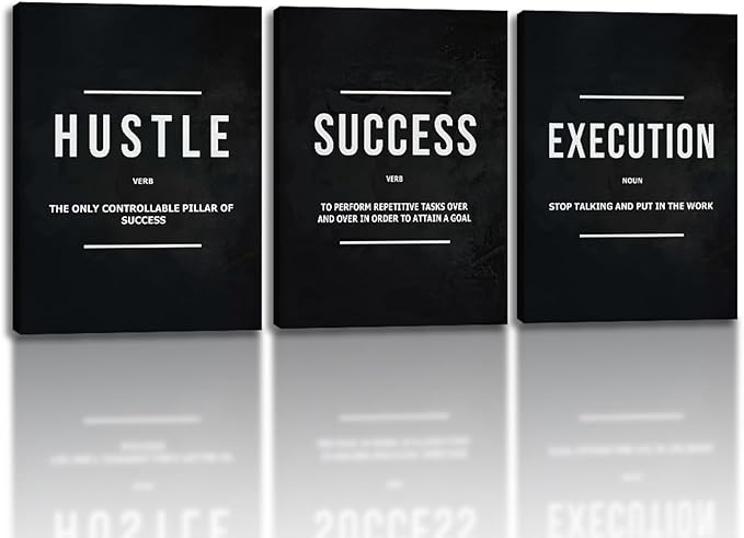 Unbruvo Hustle Success Execution Wall Art for Office, Inspirational Motivational Wall Decor, 3 Pieces Positive Quotes Canvas Wall Art for Entrepreneur Living Room Bedroom(72''Wx 36''H)