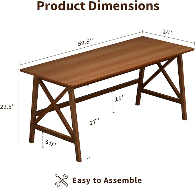 Modern Solid Wood Desk - 60" Simple Computer Table for Home Office Study Writing Workstation in Walnut, 60" W x 24" D