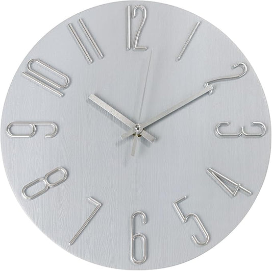 Wall Clock 12 Inch Silent Non-Ticking Imitation Wood Indoor Clock Round Gray Blue Decor Clock Modern 3D Figures Quartz Wall Clocks for Home, Hotel, Office, School