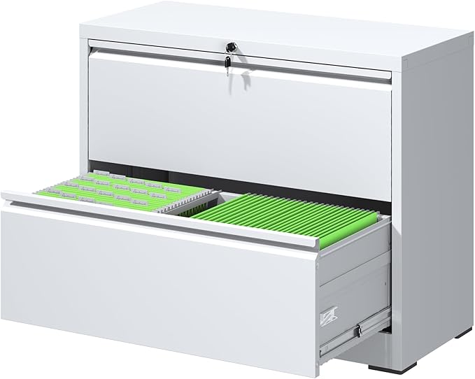 File Cabinets 2 Drawer,Metal Office Storage Filing Cabinet with Lock,White Lateral Filing Cabinet for Home Office,Horizontal Two Drawer File Cabinet for Legal/Letter/A4,Assembly Require,White
