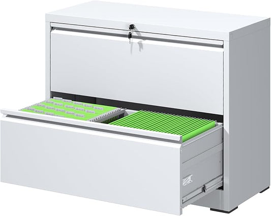 File Cabinets 2 Drawer,Metal Office Storage Filing Cabinet with Lock,White Lateral Filing Cabinet for Home Office,Horizontal Two Drawer File Cabinet for Legal/Letter/A4,Assembly Require,White