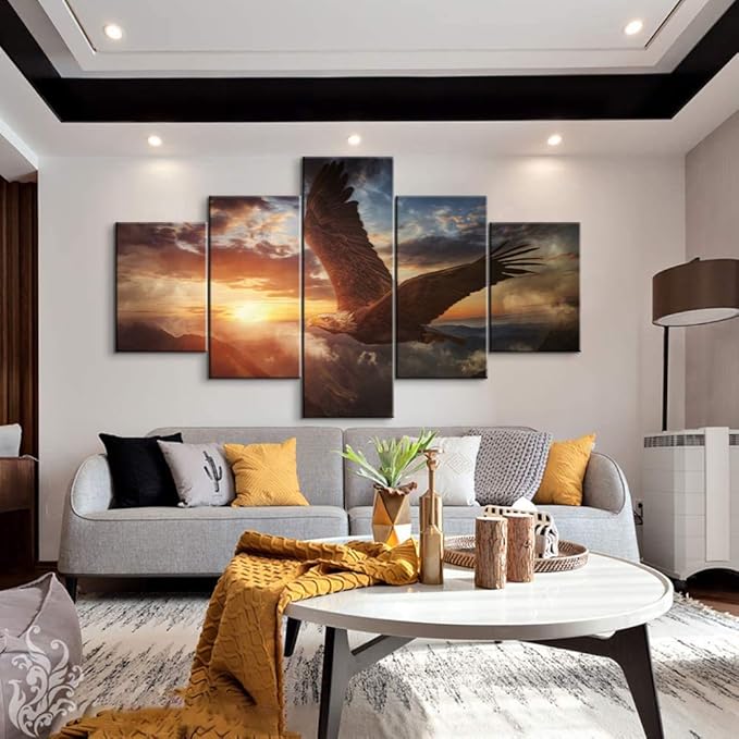 YOUHONG Eagle Wall Art 5-Panel with Wooden Frame - Waterproof Animal Posters for Wall Decor, Lightweight Frames Modern Eagles Decor for Living Room Office (70''W x 40''H)