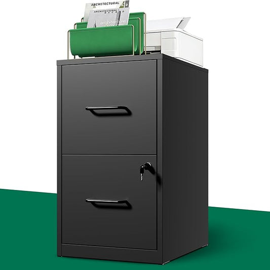 2 Drawer File Cabinet with Lock, Metal Vertical Filing Cabinet, File Cabinets for Home Office, Locking File Cabinet Hanging Files for A4/ Legal/Letter, Require Assembly, Black