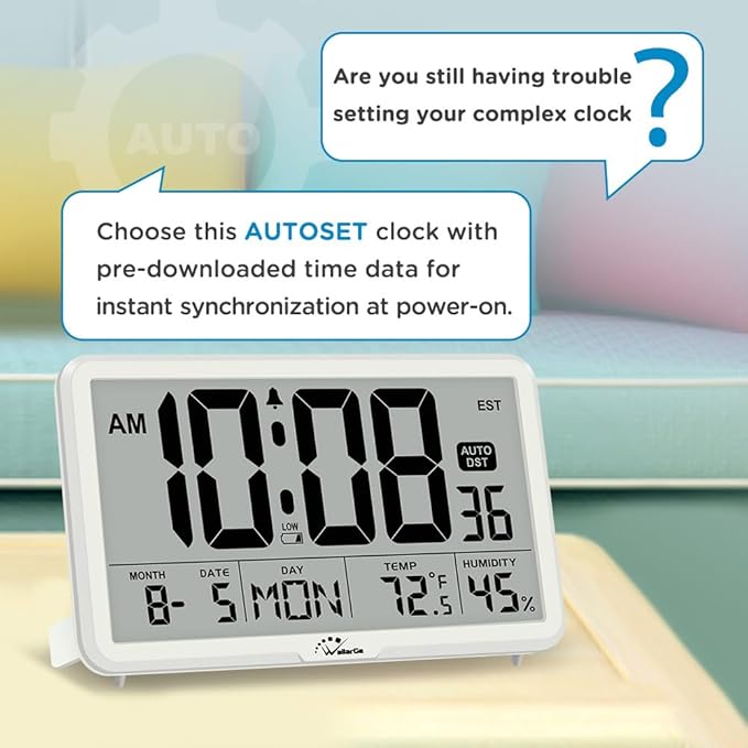 WallarGe Auto Set Digital Wall Clock Battery Operated, Desk Clocks with Temperature, Humidity and Date, Large Display Digital Calendar Alarm Clock for Elderly, Bedroom, Office, 8 Time Zone, Auto DST.