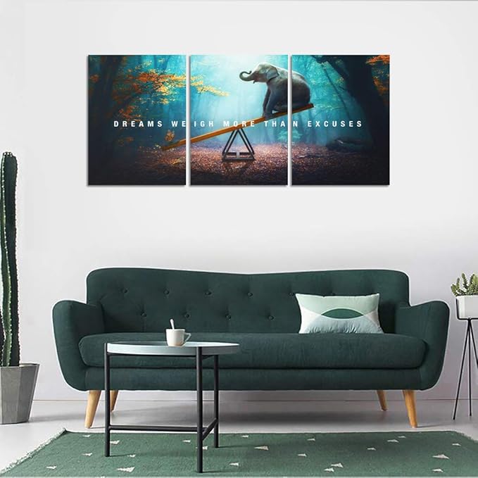 Unbruvo Elephant Wall Art for Office, Motivational Inspirational Canvas Wall Art, 3 Pieces Elephant Painting Prints Wall Decor for Living Room Bedroom Classroom Dorm(60”Wx28”H)