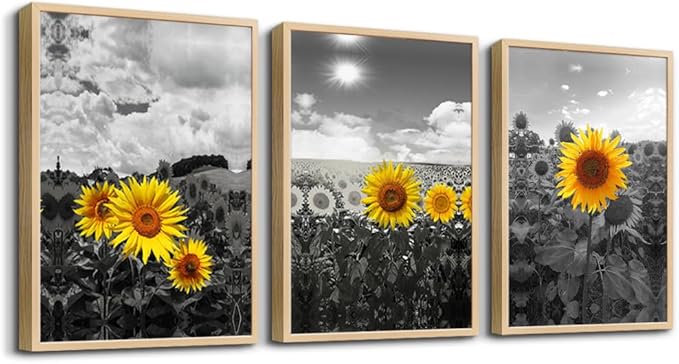 hyidecorart Natural Framed Wall Art - Large Sunflower Flowers Black And White Wall Pictures - Set of 3 Piece Prints - For Living Room, Kitchen, Bedroom