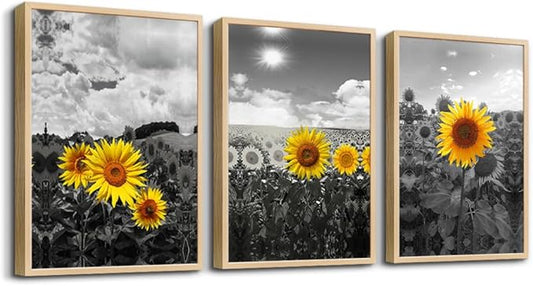 hyidecorart Natural Framed Wall Art - Large Sunflower Flowers Black And White Wall Pictures - Set of 3 Piece Prints - For Living Room, Kitchen, Bedroom