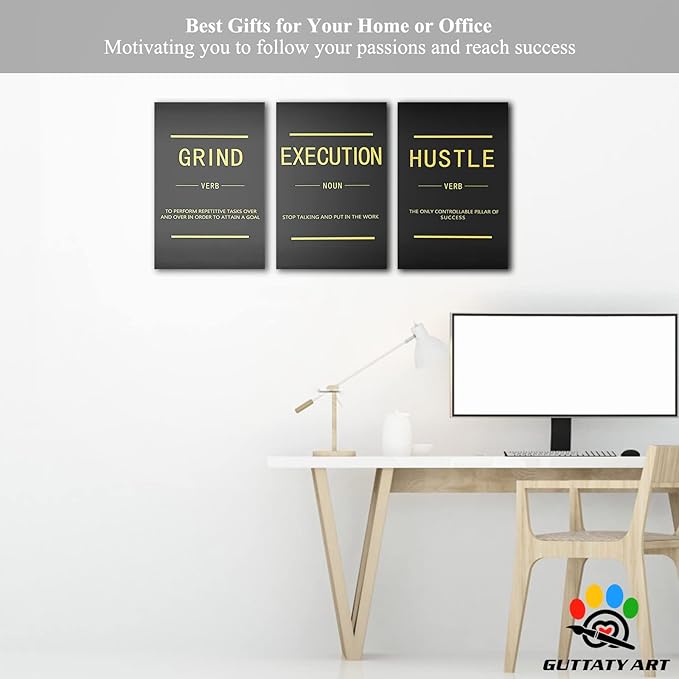 Office Wall Art - 3 Panel Motivational Wall Art, Inspirational Quotes Canvas Art for Home Office Wall Decor, Positive Quotes Wall Decor, Entrepreneur Grind Hustle Execution Poster Frame (12”x24”x3Pcs)