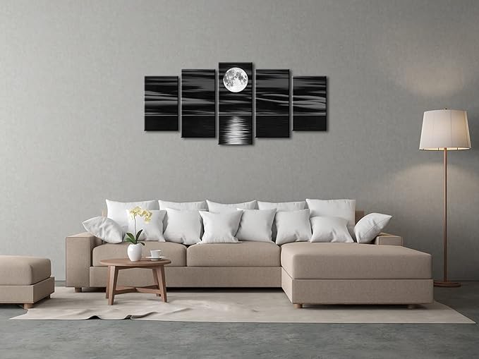 Wieco Art Sea White Full Moon in Night Canvas Print Wall Art Black and White Ocean Beach for Living Room Bedroom Kitchen Home Decorations 5 Piece Modern Abstract Artwork