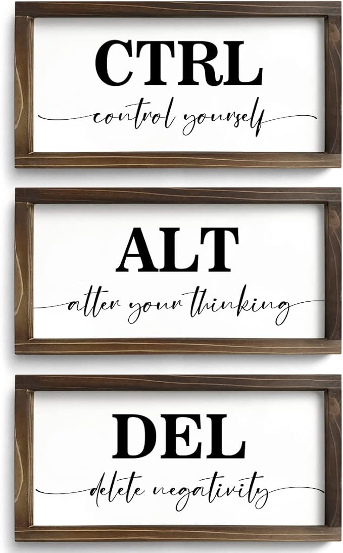 Pinetree Art Rustic Wooden Office Decor - CTRL ALT DEL Framed Motivational Wall Art - Inspirational Positive Quotes Wall Hanging, Set of 3 (6"x12"x3)