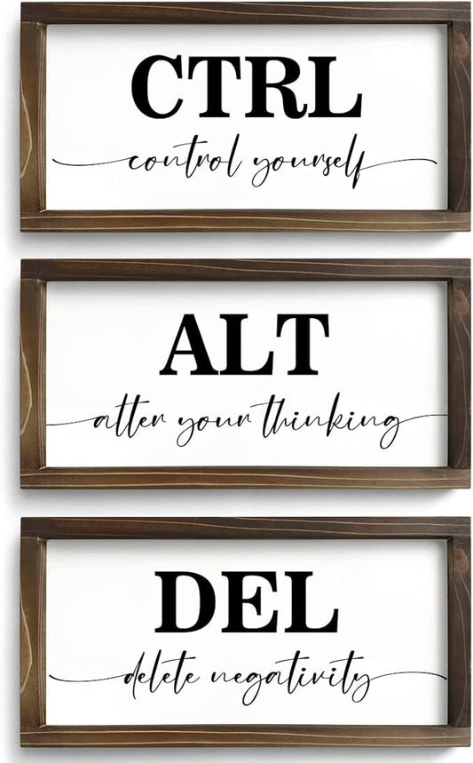 Pinetree Art Rustic Wooden Office Decor - CTRL ALT DEL Framed Motivational Wall Art - Inspirational Positive Quotes Wall Hanging, Set of 3 (6"x12"x3)