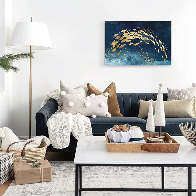 Wall Art Canvas Abstract Ocean Art Paintings Golden Fish Dancing in Blue Sea Modern Artwork Decor for Living Room Bedroom Kitchen 30x20in
