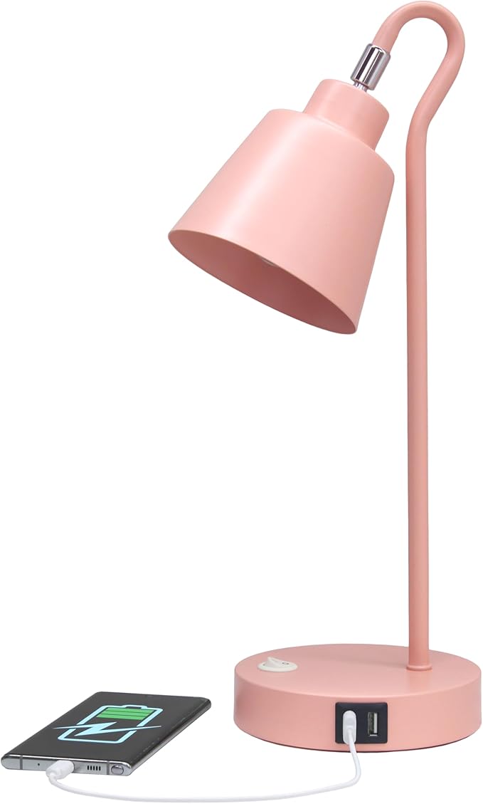 Simple Designs LD1073-BPK 16" Sleek Essentials Metal Looped Desk Task Lamp with Adjustable Shade and Dual USB Ports, for Office, Desk, Nightstand, Blush Pink