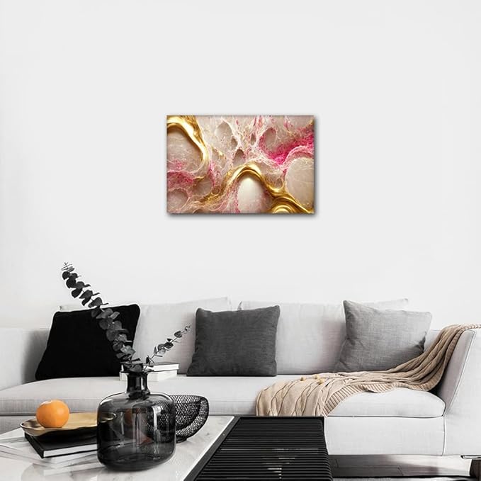 Modern Canvas Art Abstract Design Art Picture Printing Modern Living Room Home Wall Decor 1 Panel Gold and Pink Poster Prints for Girl Bedroom Wall Decor Stretched and Framed Ready to Hang 18x12 in
