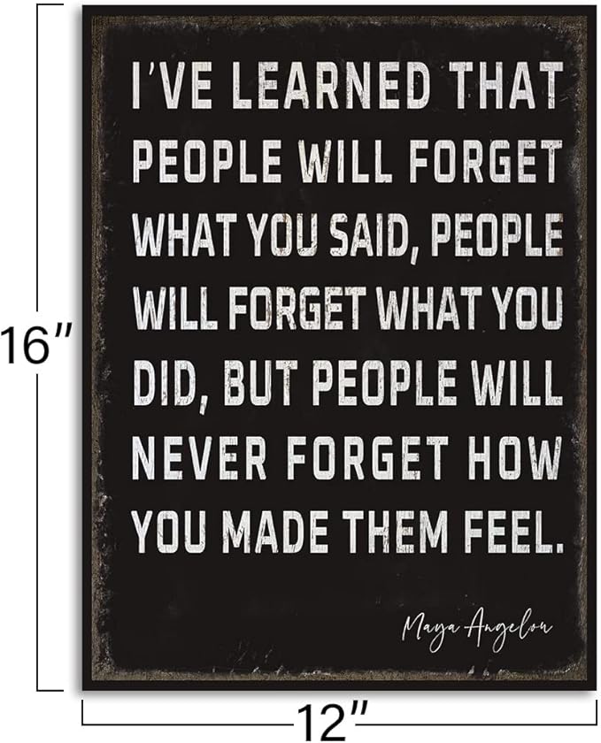 WOWGOOMO Retro Inspirational Canvas Wall Art Maya Angelou Quotes I've Learned That People Will Never Forget How You Made Them Feel Motivational Positive Painting Wall Decor for Home Office Framed Gift