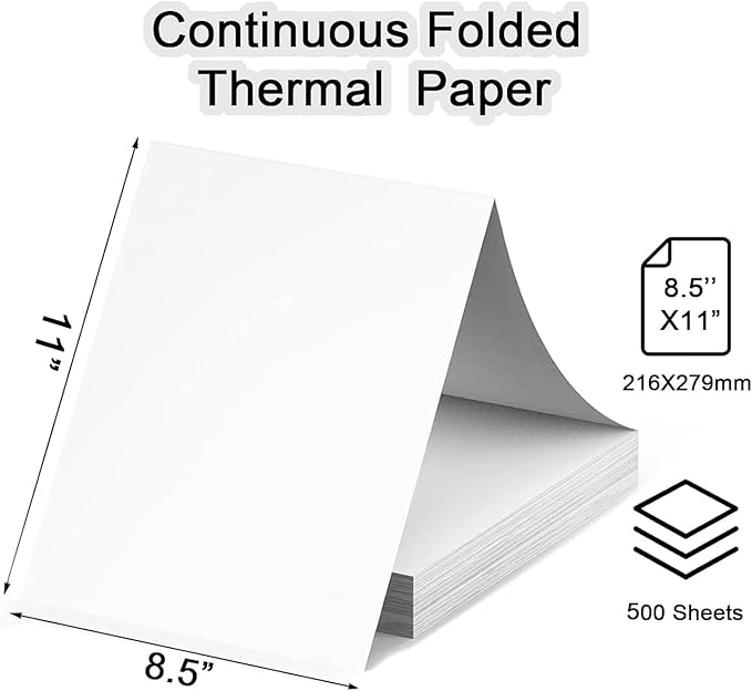 500-Sheet Thermal Printing Paper of Continuous Folded Great Value Pack, 8.5 x 11 Inches (US Letter Size) for N80/ A28U/ PD-A4 Thermal Portable Printer, Inkless Wireless Printers, Office Supplies.