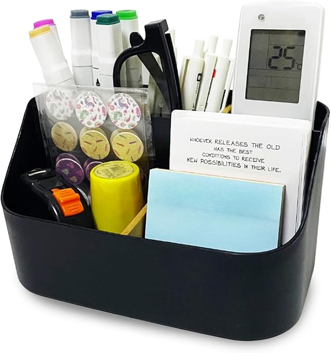 Pen Holder Desktop Organizers with 5 Compartments, Office Supplies Organizers and Accessories, Makeup Organizer Makeup Brush Holder, Remote Control Holder with Movable Wooden Partition