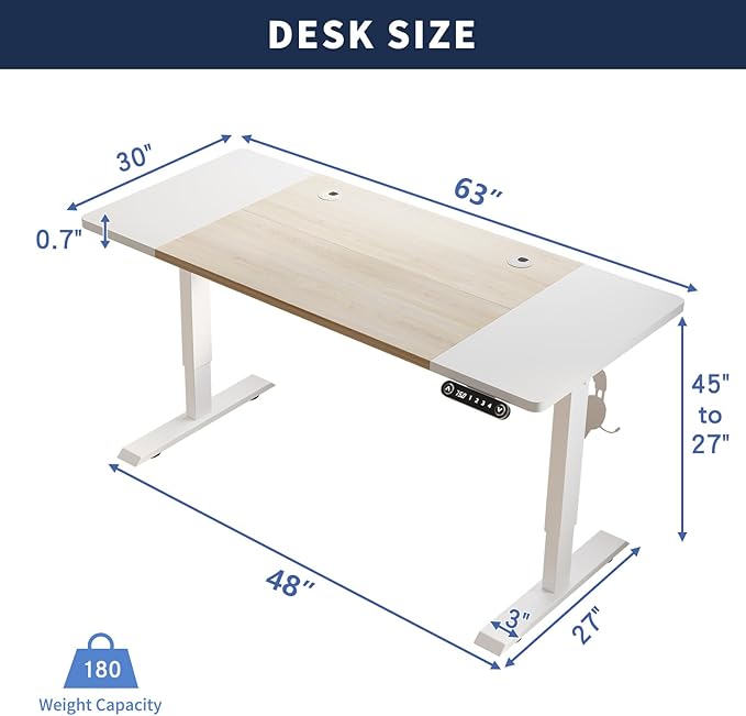 63 Inch Electric Standing Desk, Height Adjustable Sit Stand Desk with Memory Control and Spacious Desktop for Home Office