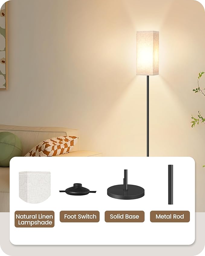 2 Pack Floor Lamp, Pole Lamp with Foot Switch, Modern Standing Lamp Lampshade, Minimalist Freestanding Lamp (Bulb Not Included), for Living Room, Bedroom Office, Black and Beige E07LDP205