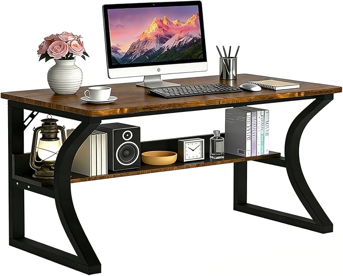 47'' Computer Desk w/Storage & Cable Management, Home Office Desk w/Sturdy U-Shaped Metal Frame & Water-Resistant Scratchproof Surface, Study Writing Desk for Office & Bedroom, Rustic Brown