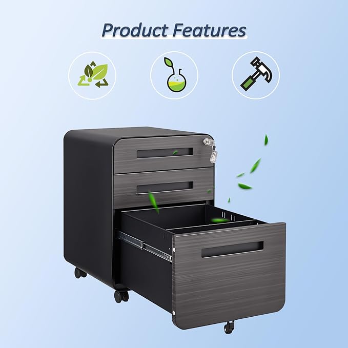 3 Drawer Mobile File Cabinet with Lock, Under Desk Storage Filing Cabinet for Home Office, Small Rolling File Cabinet for Legal, Letter and A4 Files (Black3)