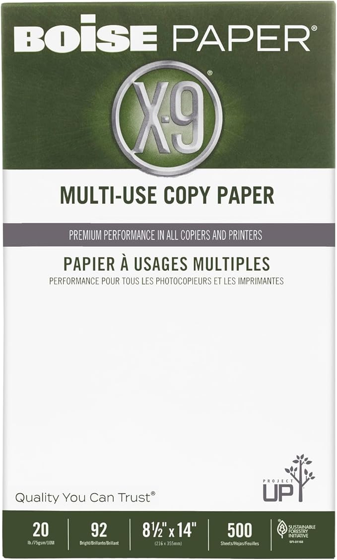Boise® X-9® Multi-Use Printer & Copy Paper, 10 Reams, White, Legal (8.5" x 14"), 5000 Sheets Per Case, 20 Lb, 92 Brightn