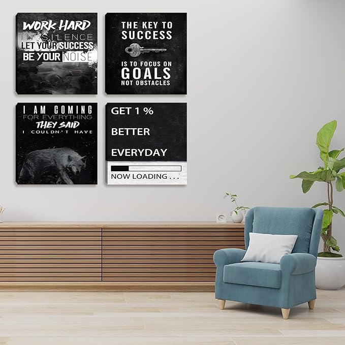 Halioyo Motivational Wall Art Decor, 4 Panel Inspirational Canvas Prints, Positive Quotes Workspace Painting Posters for Living Room Bedroom Home Office Success Wall Art, 16x16-inch