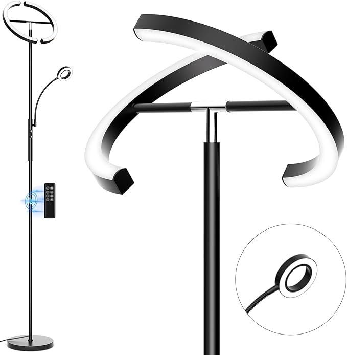 LED Floor Lamp for Living Room - Modern Standing Lamp with Reading Light, Remote Touch Control Floor Light Dimmable Mother-Daughter Tall Bedroom Lamp for Couch Office, 29W, Black