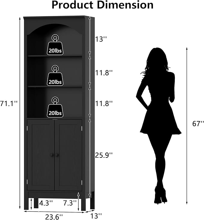 71" H Tall Bookshelf with Doors, Farmhouse Book Shelf with 3-Tier Open Shelves, Wooden Bookcase with Storage Cabinet, Freestanding Display Bookshelves for Bedroom, Living Room, Black
